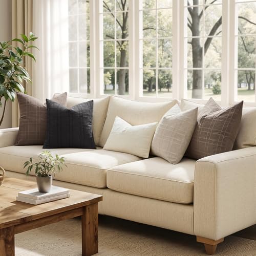 MIULEE Linen Plaid Pillow Covers Fall Decorative 20x20 Taupe - Image 4