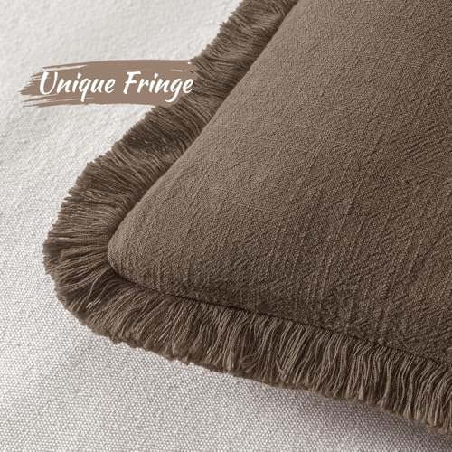 MIULEE Linen Fringe Decorative Fall Pillow Covers Chocolate Brown 18x18 - Image 3