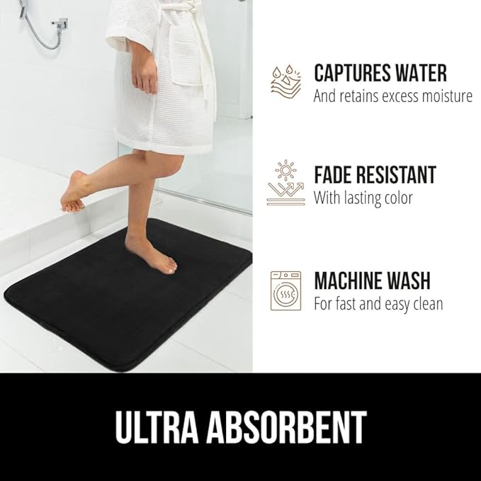 GORILLA GRIP Memory Foam Bath Mat, Soft Absorbent Velvet Bathroom Mats, Durable Dots on Underside, Machine Washable Bathmat, Carpet Rug Room Decor for Shower Tub Floor RV, 36x24 Rugs, Black