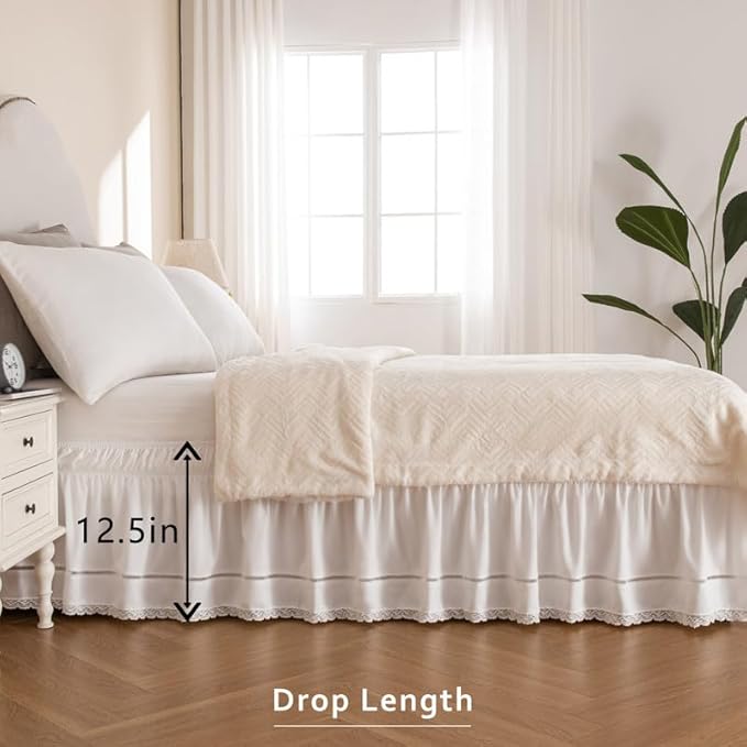 MIYE Wrap Around Ruffled Lace Bed Skirt, Elastic Dust Ruffle with Adjustable Belts, Easy to Put On, Bed Frame Cover, Machine Washable (Floral Lace/White, King/Queen-12.5" Drop)