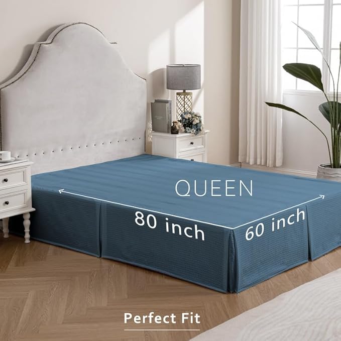 MIYE Pleated Waffle Weave Bed Skirt, Tailored Dust Ruffle 18 Inch Drop Easy Fit, Machine Washable (Blue, Queen - 18" Drop)