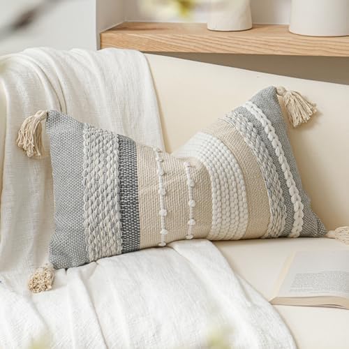 BlissBlush Decorative Lumbar Throw Pillow Cover 14x24 Boho Gray Accent Cushion by BlissBlush