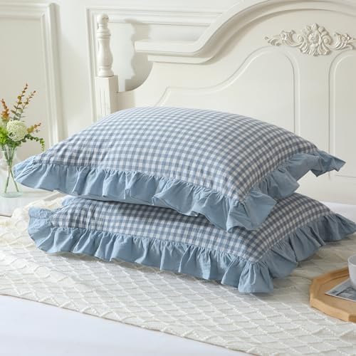 Mywinlle Blue Plaid Ruffle Pillow Shams Standard Size Set of 2, Shabby - Image 3