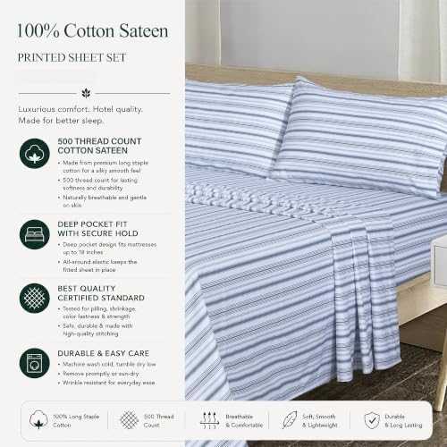 Feather & Stitch 100% Cotton Sateen 500 TC Queen Size Bed Sheet Set - Image 6