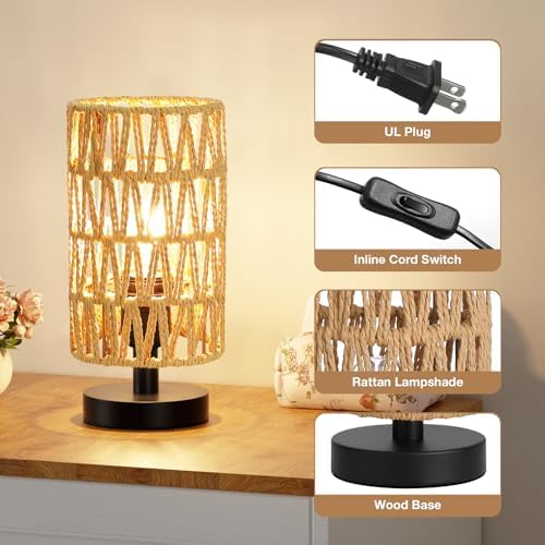 Table Lamps Set of 2 (Rattan Rope Shade - Black Base, 9" Inline Control) - Image 6