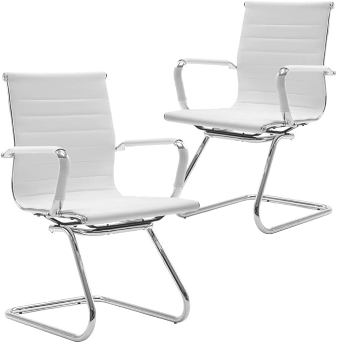 Wahson Office Guest Chairs Set of 2, Leather Reception Chairs, Mid Back Waiting Room Chair, Conference Chairs with Sled Base, Desk Chair No Wheels for Meeting/Lobby/Restroom, White