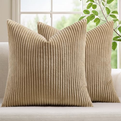 Mecatny Corduroy Fall Decorative Throw Pillow Covers 24x24 Set of 2 Khaki by Mecatny