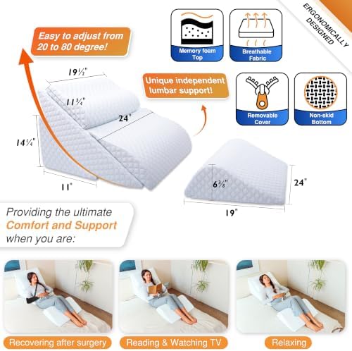 Adjustable Orthopedic Bed Wedge Pillow Set, Reading Pillow & Back Support - Image 2