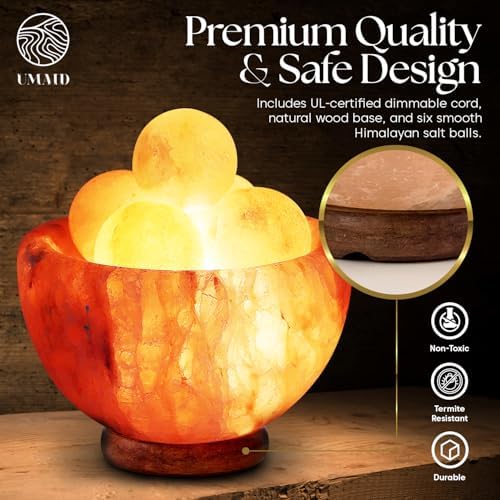 UMAID Himalayan Salt Lamp Bowl with 6 Himalayan Salt Massage Stones, Dimmable Pink Rock Salt Lamp for Bedroom, Office Desk & Meditation Room, Spa Decor, Relaxation Home Decor Gifts for Men & Women - Image 6