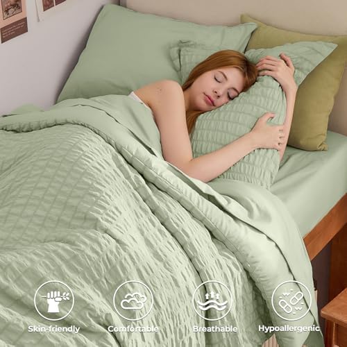 HYMOKEGE Light Green Twin Comforter Set Seersucker 5 Pieces, All Season Luxury - Image 2