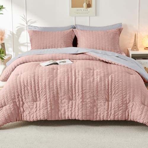 HYMOKEGE Rose Gold/Light Grey Full Size Comforter Sets Seersucker 7 Pieces - Image 6