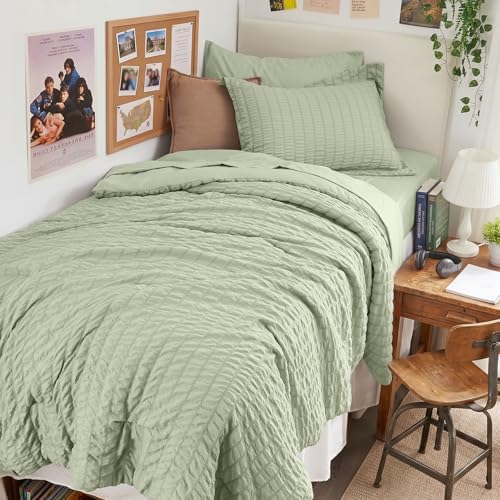 HYMOKEGE Light Green Twin Comforter Set Seersucker 5 Pieces, All Season Luxury by HYMOKEGE
