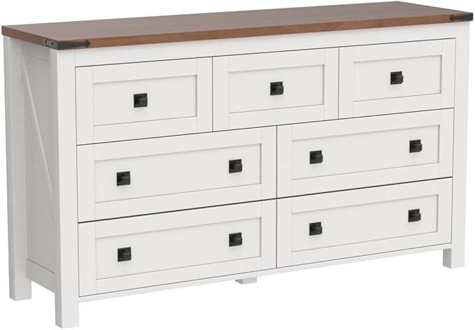 T4TREAM Farmhouse 7 Drawers Dresser Wood Rustic Tv Stand, Storage Organizer for Bedroom, Living Room,Hallway, Antique White