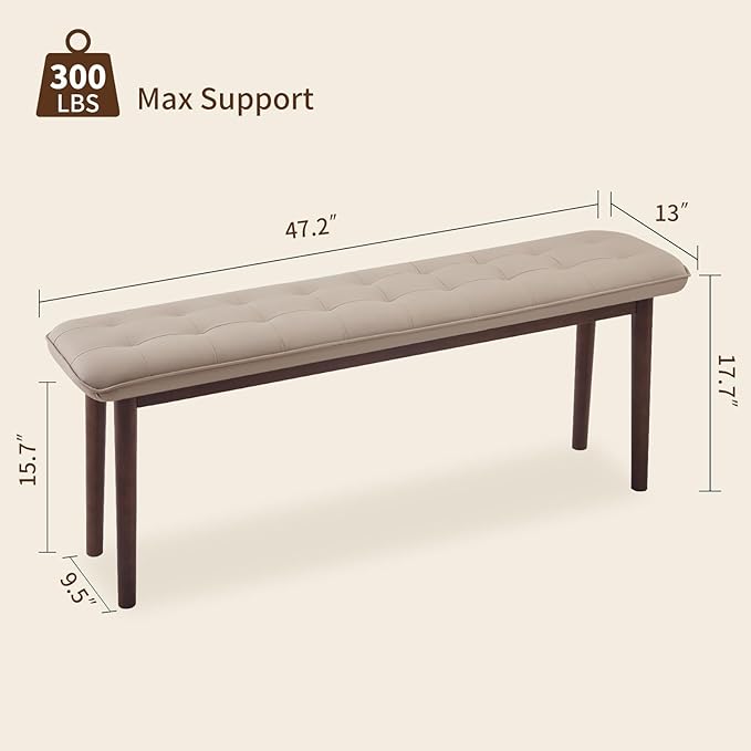47'' Solid Wood Dining Bench with Cushion, Faux Leather Upholstered Bench for Dining Room Table, Kitchen, Entryway, or Bedroom End of Bed, Beige