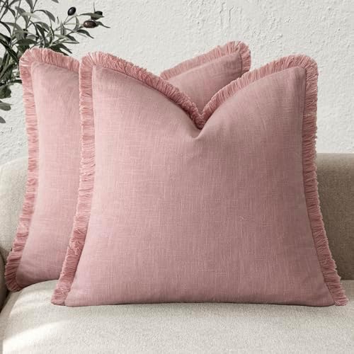 Foindtower Decorative Linen Fringe Throw Pillow Covers 20×20 Inch, Rose Pink by Foindtower