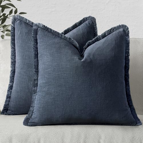 MIULEE Boho Linen Fringe Decorative Throw Pillow Covers Indigo Blue 20x20 by MIULEE