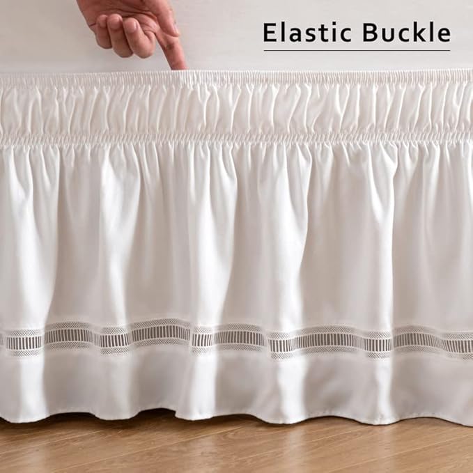 MIYE Wrap Around Ruffled Lace Bed Skirt, Elastic Dust Ruffle with Adjustable Belts, Easy to Put On, Bed Frame Cover, Machine Washable (Ruffled Lace/White, King/Queen-12.5" Drop)