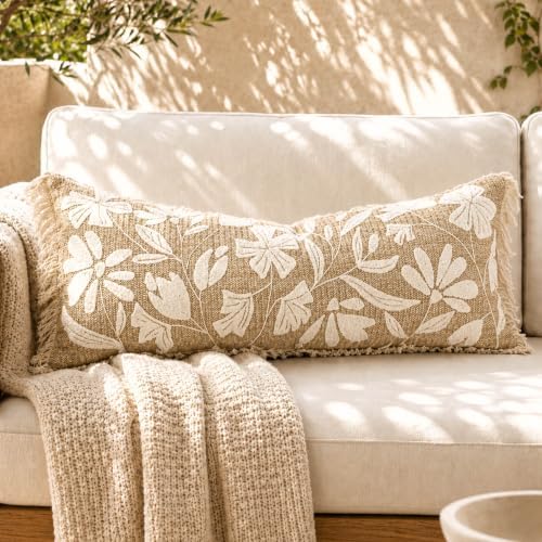 BlissBlush Long Lumbar Pillow Cover 14x36 Indoor Outdoor, Jute Inspired Floral by BlissBlush