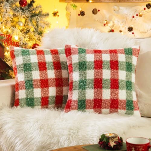 AQOTHES Red Green Plaid Christmas Throw Pillow Covers 18x18 Inch Set of 2 by AQOTHES