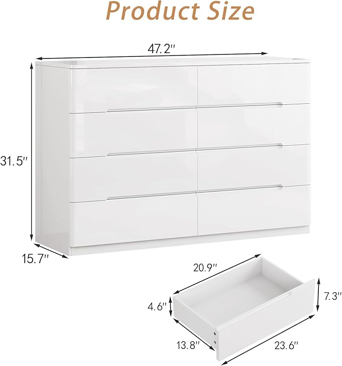 White Wood Dresser, 8 Drawer Dressers for Clothes Storage for Bedroom, Modern Dresser with Wide Drawers, Wide Wooden Chest Drawers for Living Room, Entryway, TV Stand
