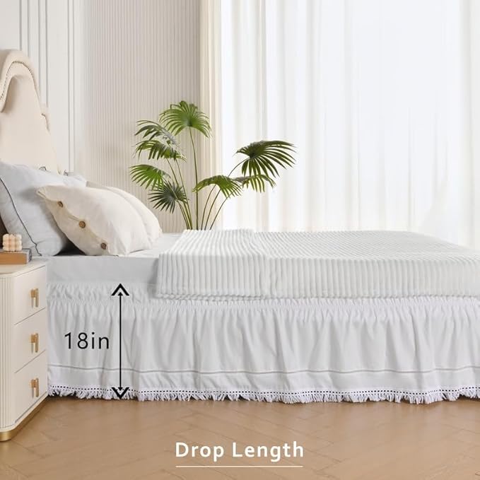 MIYE Wrap Around Ruffled Lace Bed Skirt, Elastic Dust Ruffle with Adjustable Belts, Easy to Put On, Bed Frame Cover, Machine Washable (Tassel Ruffle/White, King/Queen-18 Drop)