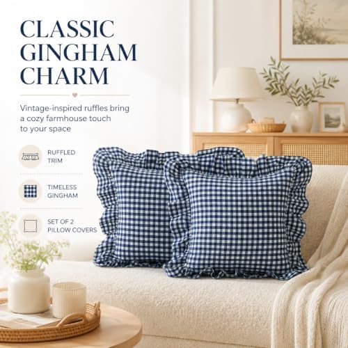 Gingham Throw Pillow Covers 22x22, Ruffle Trim - Image 2