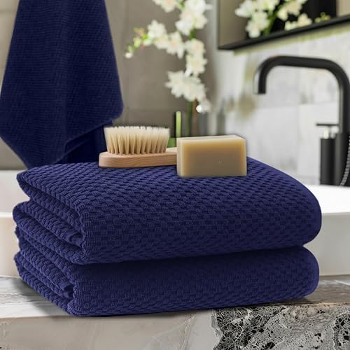 COTTON CRAFT Euro Spa Waffle Weave Bath Sheets - Set of 2 Navy Towel Sheets - Image 2