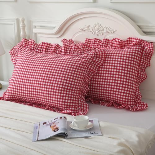 Mywinlle Red/White Plaid Gingham Pillow Shams King Size Set of 2 - Image 2