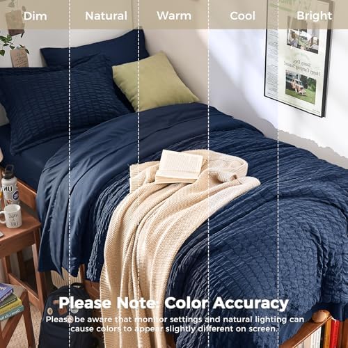 HYMOKEGE Navy Blue Twin Comforter Set Seersucker 5 Pieces, All Season Luxury - Image 5