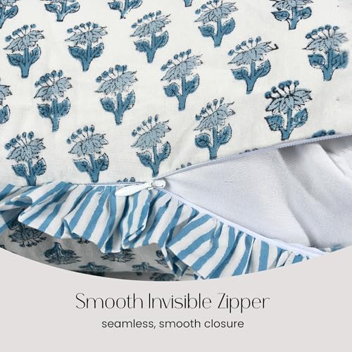 CPC Block Print Apatite Blue Ruffle Cotton Lumbar Pillow Cover 14x36 inch - Image 3