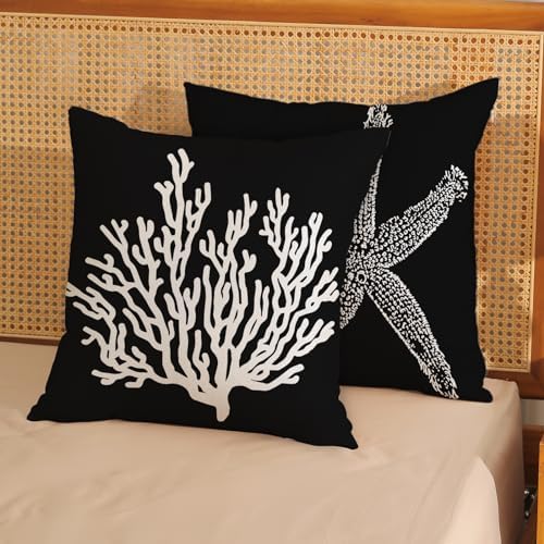 Coastal Pillow Covers 16x16 Set of 2 Black Starfish Throw Pillows Nautical - Image 2
