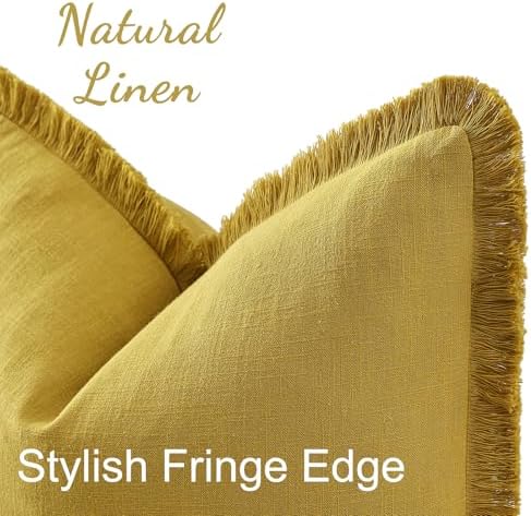 decorUhome Linen Fringe Mustard Yellow Throw Pillow Covers 16x16 Set of 2 - Image 2