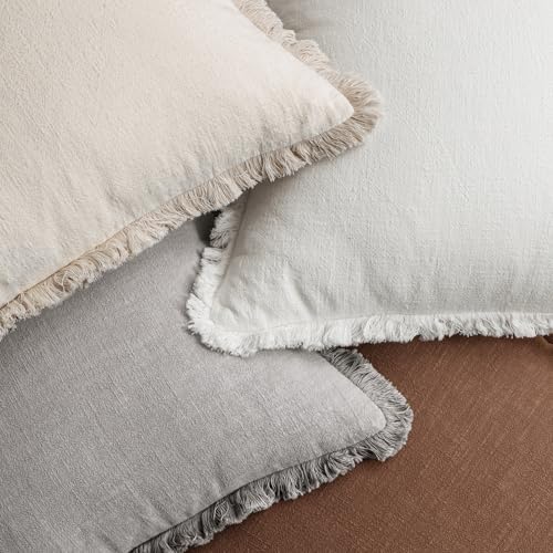 MIULEE Fall Linen Fringe Pillow Covers Set of 4 18x18 Beige/Brown/Grey - Image 6