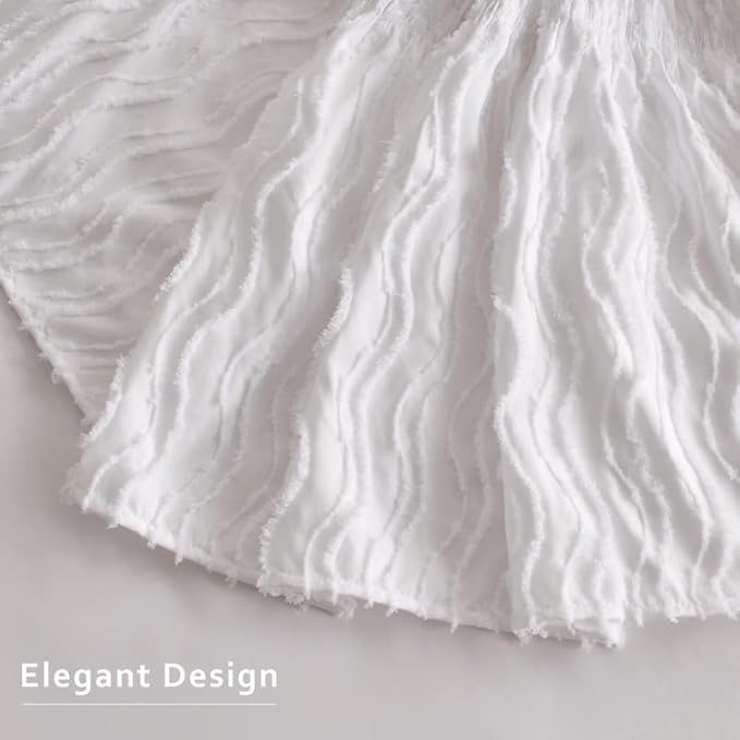 MIYE Wavy Tufted Bed Skirt - Wrap Around Dust Ruffle with Elastic Belts - 15 Inch Drop Easy to Put On - Bedskirt Machine Washable ＆ Wrinkle Resistant(Wavy/White, King/Queen-15 Drop)