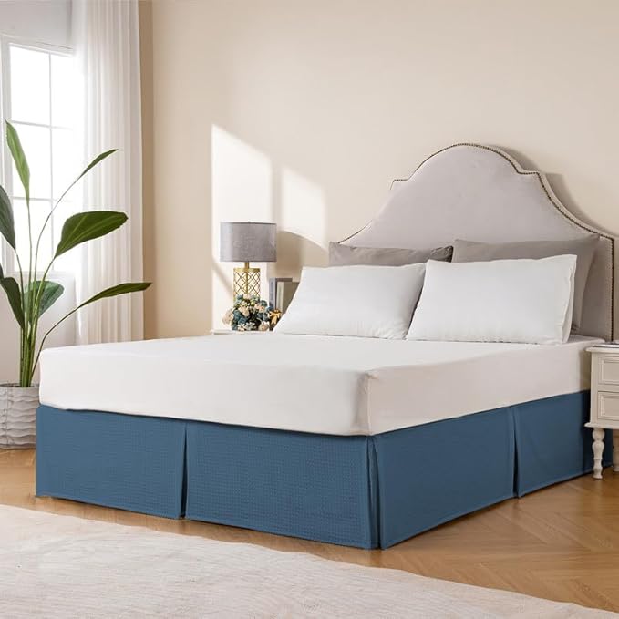 MIYE Pleated Waffle Weave Bed Skirt, Tailored Dust Ruffle 16 Inch Drop Easy Fit, Machine Washable (Blue, Twin - 16" Drop)