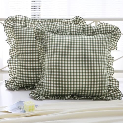 Mywinlle Sage Green Gingham Plaid Ruffle Throw Pillow Covers 18"x18" - Image 2