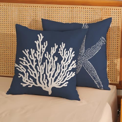 Blue Starfish Pillow Covers 22x22 Inch Set of 2, Nautical Ocean Coastal blue - Image 2