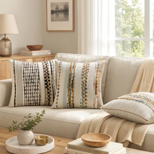 ANRODUO Boho Decorative Throw Pillow Covers 20x20 Inch Rust Blue Pack of 2 - Image 2