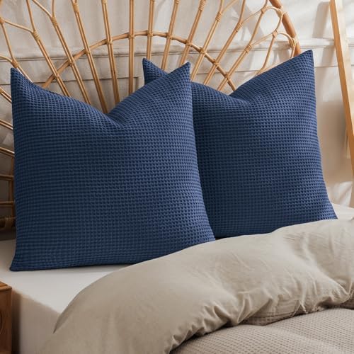 PHF Cotton Waffle Throw Pillow Covers 24"x24", Bright Navy Blue, No Insert by PHF