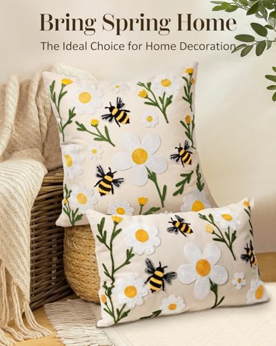 Embroidered Lumbar Pillow Cover 20x12 Inch, Flower Bee - Image 5