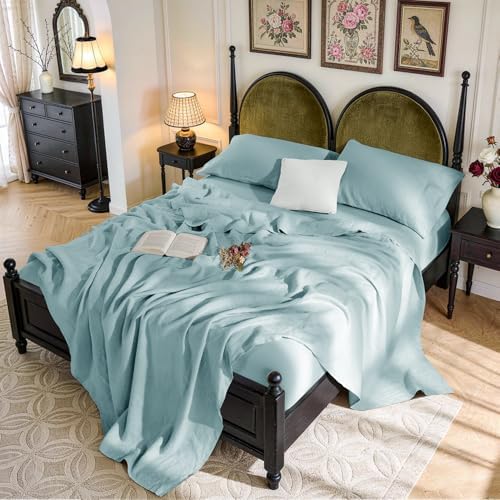 SONORO KATE 100% French Linen Queen Size Sheets Set, Natural Flax Bedding by SONOROKATE