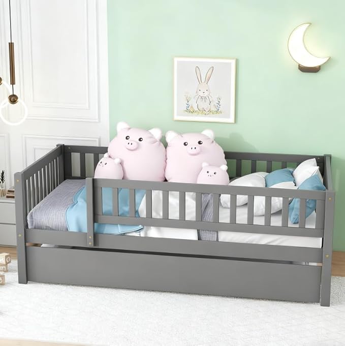 Bellemave Full Size Bed Frames with Rails for Kids, Full daybed Frame with Trundle for Boys/Girls/Adults， Gray