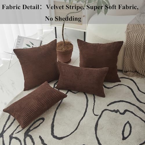 Home Brilliant Brown Couch Pillow Covers Set of 2 Soft Striped Velvet - Image 2