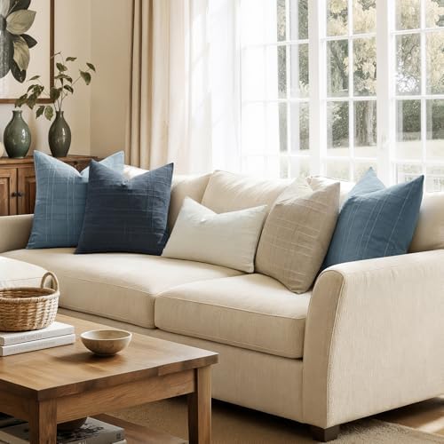 MIULEE Linen Plaid Pillow Covers Coastal Decorative 18x18 Dark Blue - Image 4