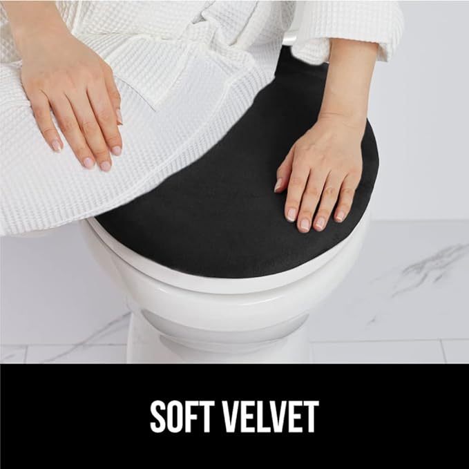 GORILLA GRIP Thick Memory Foam Bathroom Toilet Lid Seat Cover, Soft Velvet Topside, Machine Wash, Plush Cushioned Covers Fits Most Size Lids, Decorative Bath Room Accessories, 19.5x18.5, Black