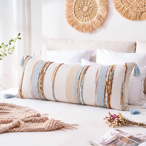 PANOD Boho Long Lumbar Throw Pillow Cover 16 x 36 Blue Brown, Chenille Morocan - Image 6