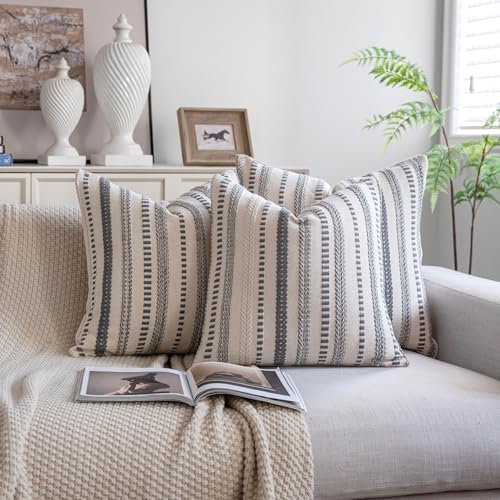 Cethom Grey Boho Throw Pillow Covers 18x18 Inch Set of 2, Stripe Textured - Image 2