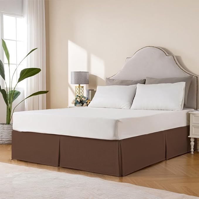 MIYE Pleated Waffle Weave Bed Skirt, Tailored Dust Ruffle 18 Inch Drop Easy Fit, Machine Washable (Brown, King - 18" Drop)