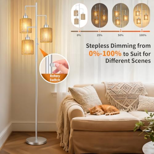 Hotsonic 72" Boho Rattan Tree Floor Lamp, Tall Dimmable Industrial Standing Lamp, Corner Decor Accent Lighting for Living Room, Bedroom, Dining Room, Nursery, Cafe (3 x 800LM Bulbs Included) - Silver - Image 4
