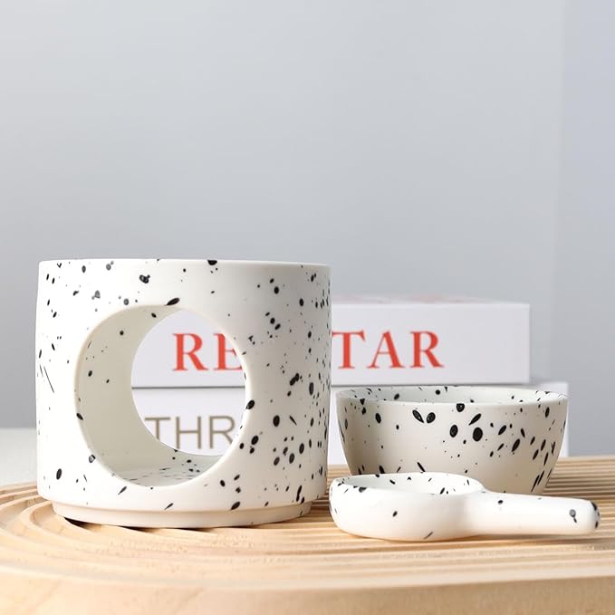 Ceramic Fragrance lamp with Tea Light Holder | Aroma lamp | Scented Oil and Scented Wax Diffuser | H*11cm ø10cm Removable Bowl | Grooved Surface (Inkblot)